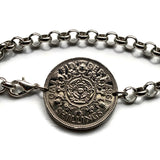 1967 England United Kingdom Great Britain 2 Shillings coin bracelet English tudor rose Scottish thistle Scotland Irish shamrock Northern Ireland Welsh leek Wales Wars of the Roses London Edinburgh Belfast Cardiff Manchester Sheffield Liverpool b000176