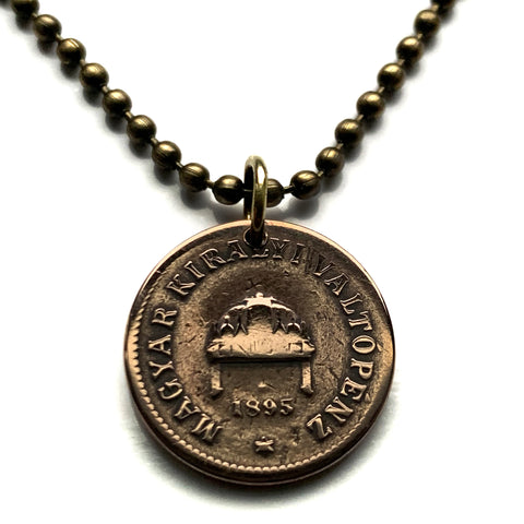 1895 Hungary Magyars 2 Filler coin pendant necklace jewelry Hungarian Holy Crown of Saint Stephen Szent Korona Budapest Debrecen Szeged Miskolc Pécs Győr Gellért Hill Nyíregyháza Jászság Fejér Hajdú-Bihar n000889