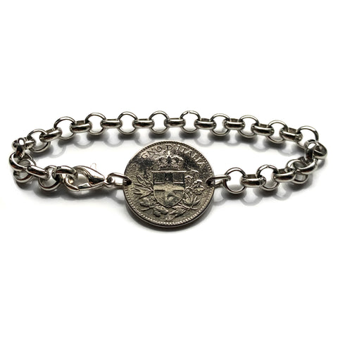 1918 Italy 20 Centesimi coin rolo link bracelet World War 1 era Savoy shield Rome Milan Venice Florence Napoli Torino Bologna Verona Genoa Siena Capri Palermo Cagliari Parma Tuscany Matera San Gimignano Positano Lazio Lecce Bari Polignano a Mare b000136