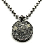 1940 Japan Nippon Nihon 1 Sen Münze Anhänger Halskette Schmuck 2. Weltkrieg Ära Japanischer Krähenvogel Yatagarasu mythologische Taube Tokio Osaka Kobe Okinawa Niigata Sendai Yokohama Kawasaki heiliger Spiegel Yata no Kagami Fukuoka Okinawa n002228