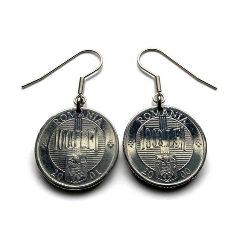 2000's Romania 1000 Lei coin drop and dangle earrings Romanian golden eagle Bucharest Orthodox cross Balkans Moldavia Wallachia Constantin Brancoveanu e000686