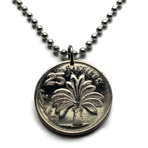 1971 Gambia 25 Bututs coin pendant Oil palm tree West Africa Banjul Serekunda Brikama Kanifing Basse Santa Su Kerewan Janjanbureh Kuntaur Mansa Konko Soma Dawda Jawara Domodah Mandinka Senegal n000738