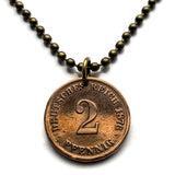 1876 Germany Deutschland 2 Pfennig coin pendant necklace jewelry German eagle Berlin Munich Cologne Frankfurt Hamburg Stuttgart Bavaria Düsseldorf Leipzig Dortmund Bremen Dresden Hanover Rothenburg Nuremberg n000943