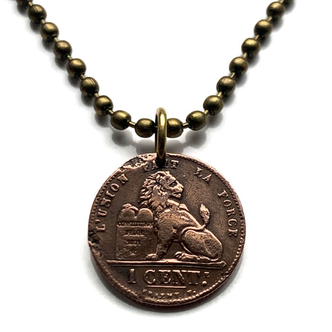1902! Belgium 1 Centime coin pendant necklace Belgian lion Leopold First King of the Belgians Brussels Antwerp Bruges Ghent Liège Mons Flanders Flemish Hasselt Kortrijk Ostend Ypres Dinant Ardennes n001747