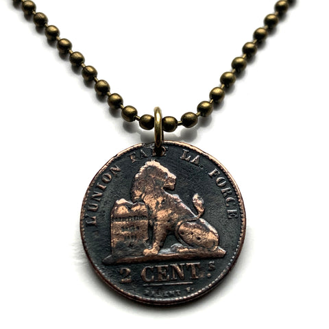 1863! Belgium 2 Centimes coin pendant necklace Belgian lion Leopold First King of the Belgians Brussels Antwerp Bruges Ghent Liège Mons Flanders Flemish Hasselt Kortrijk Ostend Ypres Dinant Ardennes n003915