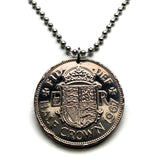 1967 United Kingdom 1/2 Crown coin pendant British English lions harp initial ER Welsh Scottish Irish Great Britain shield England n001985