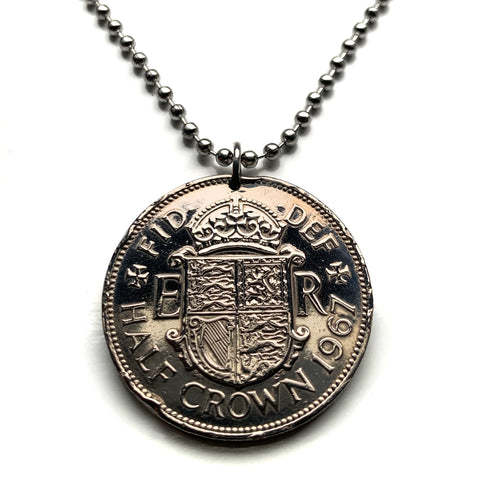 1967 United Kingdom 1/2 Crown coin pendant British English lions harp initial ER Welsh Scottish Irish Great Britain shield England n001985