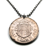1967 United Kingdom 1/2 Crown coin pendant British English lions harp initial ER Welsh Scottish Irish Great Britain shield England n001985