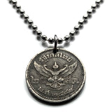 1946 Thailand Siam 25 Satang coin pendant necklace jewelry Garuda Phra Khrut Pha mythical creature vahana Vishnu Narayana Hindu god Buddhist Bangkok Samut Prakan Mueang Nonthaburi Udon Thani Hat Yai Wat Arun n002603