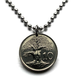 2001 Zimbabwe Rhodesia Nyasaland 10 Cents coin pendant necklace jewelry African Baobab tree soapstone bird carving Victoria Falls African Shona Bantu Chitungwiza Matobo n000075
