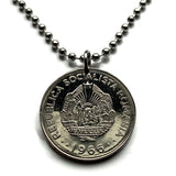 1966 Romania 1 Leu coin pendant necklace Romanian jewelry Socialist Republic Bucharest Moldavia Wallachia  Brașov Sibiu Iași Constanța Craiova Bran Castle Balkans Dobruja Cluj-Napoca Timisoara Bukovina Dobrogea communist n000340
