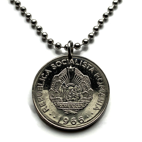 1966 Romania 1 Leu coin pendant necklace Romanian jewelry Socialist Republic Bucharest Moldavia Wallachia  Brașov Sibiu Iași Constanța Craiova Bran Castle Balkans Dobruja Cluj-Napoca Timisoara Bukovina Dobrogea communist n000340