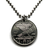 1941 Italy 50 Cent coin pendant World War 2 era Italian eagle Savoy shield fascist Mussolini Roma Milano Florence Venice Torino Genoa Verona Perugia Assisi Siena Palermo Cagliari Napoli Parma Bologna Modena Lecce Pisa Capri Tuscany Matera Bergamo n000345