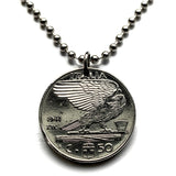 1941 Italy 50 Cent coin pendant World War 2 era Italian eagle Savoy shield fascist Mussolini Roma Milano Florence Venice Torino Genoa Verona Perugia Assisi Siena Palermo Cagliari Napoli Parma Bologna Modena Lecce Pisa Capri Tuscany Matera Bergamo n000345