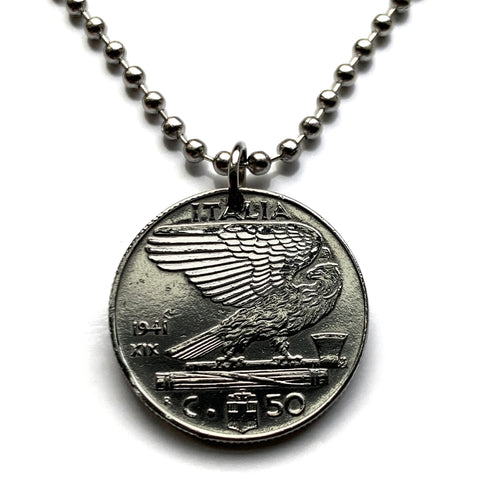 1941 Italy 50 Cent coin pendant World War 2 era Italian eagle Savoy shield fascist Mussolini Roma Milano Florence Venice Torino Genoa Verona Perugia Assisi Siena Palermo Cagliari Napoli Parma Bologna Modena Lecce Pisa Capri Tuscany Matera Bergamo n000345