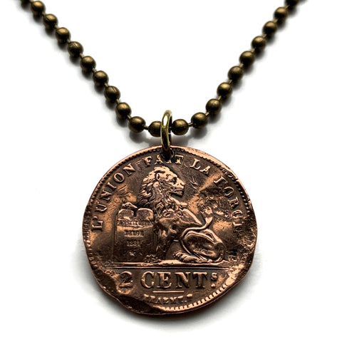 1909 Belgium 2 Centimes coin pendant necklace Belgian lion Brussels Antwerp Bruges Ghent Liège Mons Flanders Flemish Hasselt Kortrijk Ostend Ypres Dinant Ardennes n003230