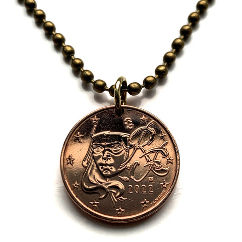 2004 France 2 Euro Cent French coin pendant necklace jewelry Marianne Paris Lyon Marseille Lille Toulouse Bordeaux Nantes Strasbourg Montpellier Rennes Reims Avignon Le Havre Saint-Étienne Metz Dijon n000491