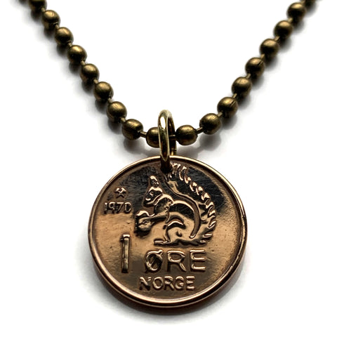 Norway Norge Noreg Norsk 1 Ore coin pendant necklace jewelry cute Norwegian squirrel nut acorn initial O V Oslo Bergen Stavanger Sandnes Nynorsk Bokmal Trondheim Drammen Kristiansand Alesund Bærum Scandinavia Nordic Vikings n000104