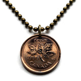1999 Canada 1 Cent coin pendant necklace jewelry Canadian maple leaves twig Queen Elizabeth II Ottawa Montreal Quebec Toronto Ontario Vancouver Calgary British Columbia Alberta Nova Scotia New Brunswick Manitoba Nunavut Victoria beaver n003714