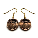 Spain 2 Cents coin earrings Camino de Santiago Compostela cathedral Galicia Way of Saint James apostle Ourense Ferrol Christianity Praza do Obradoiro Lugo pilgrimage Madrid Sevilla Pontevedra e000320