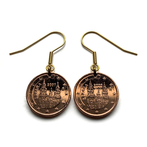 Spain 2 Cents coin earrings Camino de Santiago Compostela cathedral Galicia Way of Saint James apostle Ourense Ferrol Christianity Praza do Obradoiro Lugo pilgrimage Madrid Sevilla Pontevedra e000320