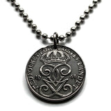 1948 Sweden Sverige 2 Ore coin pendant necklace jewelry Swedish 3 crowns initial G Tre Kroner Stockholm Gothenburg Malmö Svealand Norrland Uppsala Nordic Scandinavian Viking Norse Baltic n000126