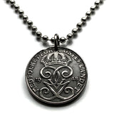 1948 Sweden Sverige 2 Ore coin pendant necklace jewelry Swedish 3 crowns initial G Tre Kroner Stockholm Gothenburg Malmö Svealand Norrland Uppsala Nordic Scandinavian Viking Norse Baltic n000126