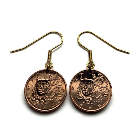 France 2 Euro Cent coin earrings French jewelry Marianne Paris Lyon Marseille Lille Toulouse Bordeaux Nantes Strasbourg Montpellier Rennes Reims Avignon Le Havre Saint-Étienne Metz Dijon Carcassonne Côte d'Azur Normandy Loire Valley Versailles e000467