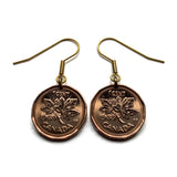 1989 Canada 1 Cent coin earrings Canadian maple leaves twig Toronto Montreal Vancouver Calgary Edmonton Ottawa Québec Winnipeg beavers e000709