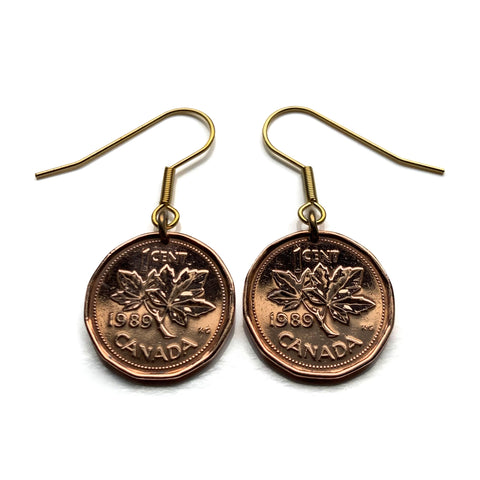 1989 Canada 1 Cent coin earrings Canadian maple leaves twig Toronto Montreal Vancouver Calgary Edmonton Ottawa Québec Winnipeg beavers e000709