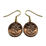 1989 Canada 1 Cent coin earrings Canadian maple leaves twig Toronto Montreal Vancouver Calgary Edmonton Ottawa Québec Winnipeg beavers e000709