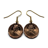 1989 Canada 1 Cent coin earrings Canadian maple leaves twig Toronto Montreal Vancouver Calgary Edmonton Ottawa Québec Winnipeg beavers e000709