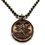 1989 Canada 1 Cent coin pendant necklace jewelry Canadian maple leaves twig Queen Elizabeth II Ottawa Montreal Quebec Toronto Ontario Vancouver Calgary British Columbia Alberta Nova Scotia New Brunswick Manitoba Nunavut Victoria beaver n003714