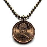 1989 Canada 1 Cent coin pendant necklace jewelry Canadian maple leaves twig Queen Elizabeth II Ottawa Montreal Quebec Toronto Ontario Vancouver Calgary British Columbia Alberta Nova Scotia New Brunswick Manitoba Nunavut Victoria beaver n003714