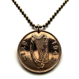 1942 Ireland Éire 1 Penny coin pendant necklace jewelry Irish Celtic Harp Cláirseach hen & chicks chicken rooster Dublin Cork Limerick Galway Waterford Drogheda Connacht Leinster Swords Gaels Guinness n000252