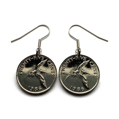1986 Bermuda 25 Cents coin earrings Bermudian Longtail bird White-tailed Tropicbird pink sand beaches vacation Hamilton Paget Warwick Pembroke Sandys Smith's British West Indies St George's e000689