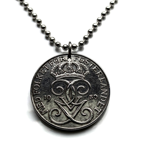 1950 Sweden Sverige 5 Ore coin pendant Swedish crown Tre Kroner initial G Swedes Stockholm Gothenburg Malmo Uppsala Linkoping Orebro n000873