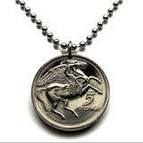 1973 Greece Hellas 5 Drachmai coin pendant Pegasus flying horse Phoenix Athens Thessaloniki Patras Mykonos Sparta Rhodes Corinth Larissa Santorini Corfu Crete Delphi Thebes Arcadia Argos Kos n001384