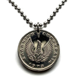 1973 Greece Hellas 5 Drachmai coin pendant Pegasus flying horse Phoenix Athens Thessaloniki Patras Mykonos Sparta Rhodes Corinth Larissa Santorini Corfu Crete Delphi Thebes Arcadia Argos Kos n001384