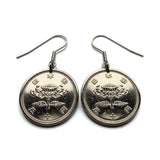 1955 Japan Nippon 50 Yen coin dangle earrings Chrysanthemum flower mums chrysanths blossom Tokyo Yokohama Osaka Nagoya Sapporo Fukuoka Kobe Okinawa Kawasaki Kyoto Saitama Hiroshima Sendai Chiba e000100