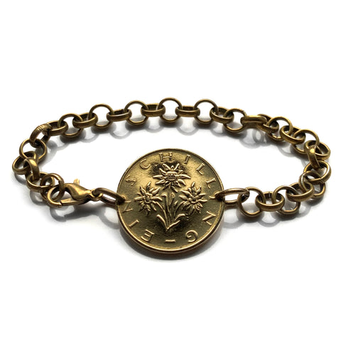 1988 Austria Österreich 1 Schilling coin bracelet Edelweiss flower Vienna Alpine plant daisy sunflower Salzburg Graz Linz Innsbruck Klagenfurt Villach Tyrol Styria Carinthia Sankt Pölten Wels b000025