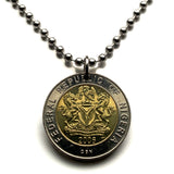 2006 Nigeria 1 Naira coin pendant necklace jewelry black shield horses eagle Lagos Kano Abuja Ibadan Kaduna Port Harcourt Benin Maiduguri Zaria Aba Jos Oyo Uyo West Africa Hausa Igbo Yoruba Zuma Rock Super Eagles n003026