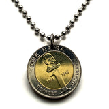 2006 Nigeria 1 Naira coin pendant necklace jewelry black shield horses eagle Lagos Kano Abuja Ibadan Kaduna Port Harcourt Benin Maiduguri Zaria Aba Jos Oyo Uyo West Africa Hausa Igbo Yoruba Zuma Rock Super Eagles n003026