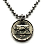 1996 Ireland Éire 5 Pence coin pendant Irish bull Celtic harp Cláirseach Dublin Cork Limerick Galway Waterford Guinness Gaelic Saint Patricks Day Hibernia Connacht Leinster Derry Drogheda n000601
