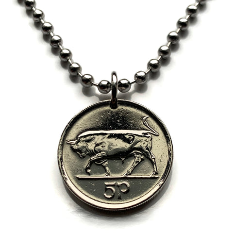 1996 Ireland Éire 5 Pence coin pendant Irish bull Celtic harp Cláirseach Dublin Cork Limerick Galway Waterford Guinness Gaelic Saint Patricks Day Hibernia Connacht Leinster Derry Drogheda n000601