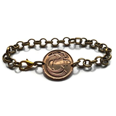 1980 Ireland Éire 1 Penny coin bracelet Gospel Book of Kells bird Columba manuscript Icovellavna Irish harp Celtic Cláirseach Dublin Cork Limerick Galway Waterford Drogheda Swords Guinness b000181