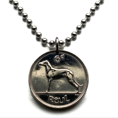1942 Ireland Éire 6 Pence coin pendant necklace jewelry Wolfhound dog Irish Gaelic harp Cláirseach Dublin Cork Limerick Galway Waterford Drogheda Swords Dundalk Guinness Munster Ulster Gaels Goidels n000120