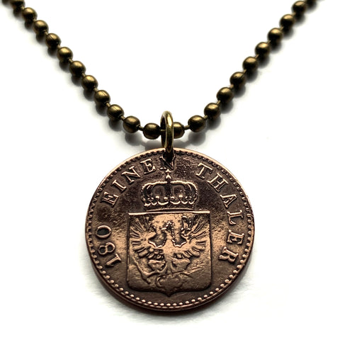 antique! 1853 Germany Prussia Deutschland 2 Pfenninge coin pendant Hohenzollern black eagle Berlin Cologne Düsseldorf Koblenz Saxony Magdeburg Münster Frankfurt Potsdam Lower Rhine Westphalia Arnsberg Brandenburg Königsberg Pomerania Hanover n000685