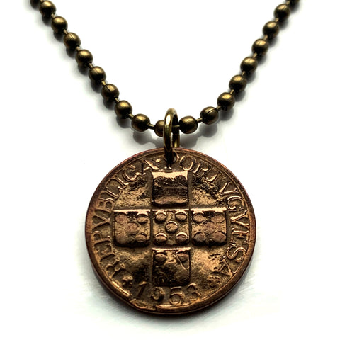 1953 Portugal 20 Cnt coin pendant Portuguese 5 Quinas castles Quincunx cross Lisboa Oporto Sintra Braga Coimbra Évora Faro Santa Maria de Belém Vila Nova de Gaia Mirandese Guimarães Praia da Marinha Viseu Setúbal Amadora Funchal Almada Portalegre n000083b