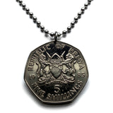 1985 Kenya 5 Shillings coin pendant Kenyan lions Nairobi East African shield Bantu Kikuyu Luhya Kalenjin Kiswahili Lamu KANU safari n001547